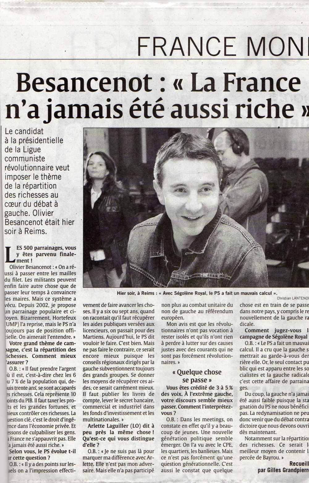 L'Union : interview d'Olivier Besancenot  Reims, mars 2007